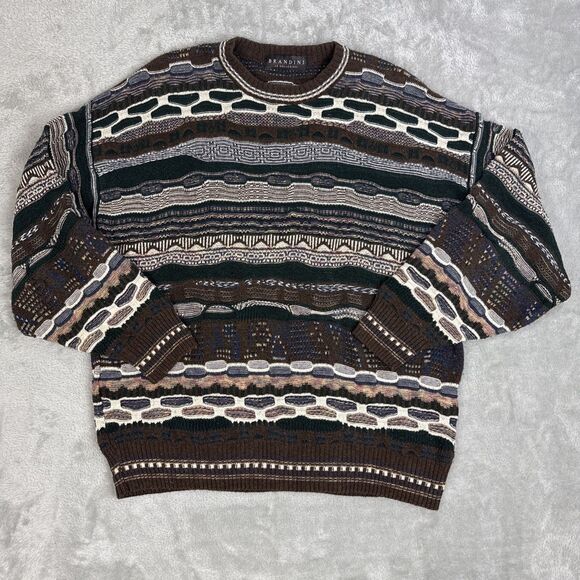Vintage 3D Knit Coogi Style Men's Sweater Brown Brandini Le Collezioni 90’s Larg - Picture 1 of 12